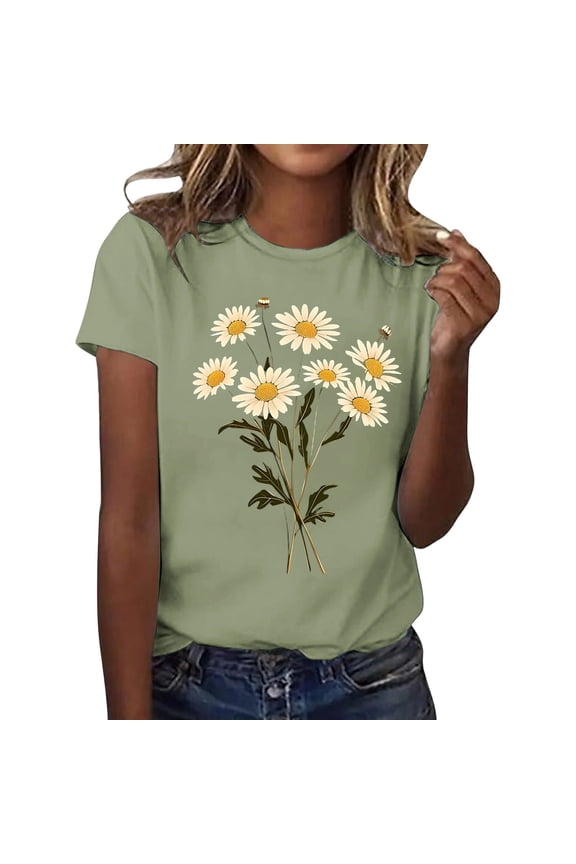 Womens Tee Tops Fashion Floral Print Soft Relaxed Fit Crewneck Short-Sleeve Tee Tops Summer Daily Outdoor Stylish Wear