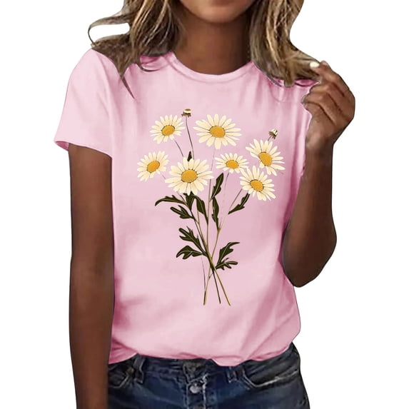 Bibifish Womens Tee Tops Fashion Floral Print Soft Relaxed Fit Crewneck Short-Sleeve Tee Tops Summer Daily Outdoor Stylish Wear