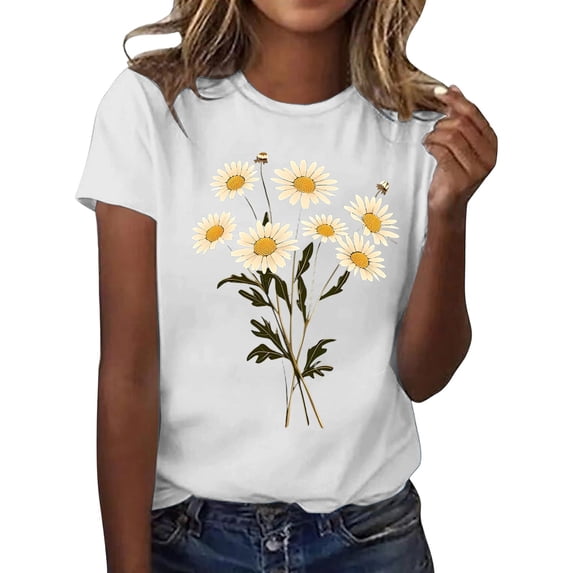Bibifish Womens Tee Tops Fashion Floral Print Soft Relaxed Fit Crewneck Short-Sleeve Tee Tops Summer Daily Outdoor Stylish Wear