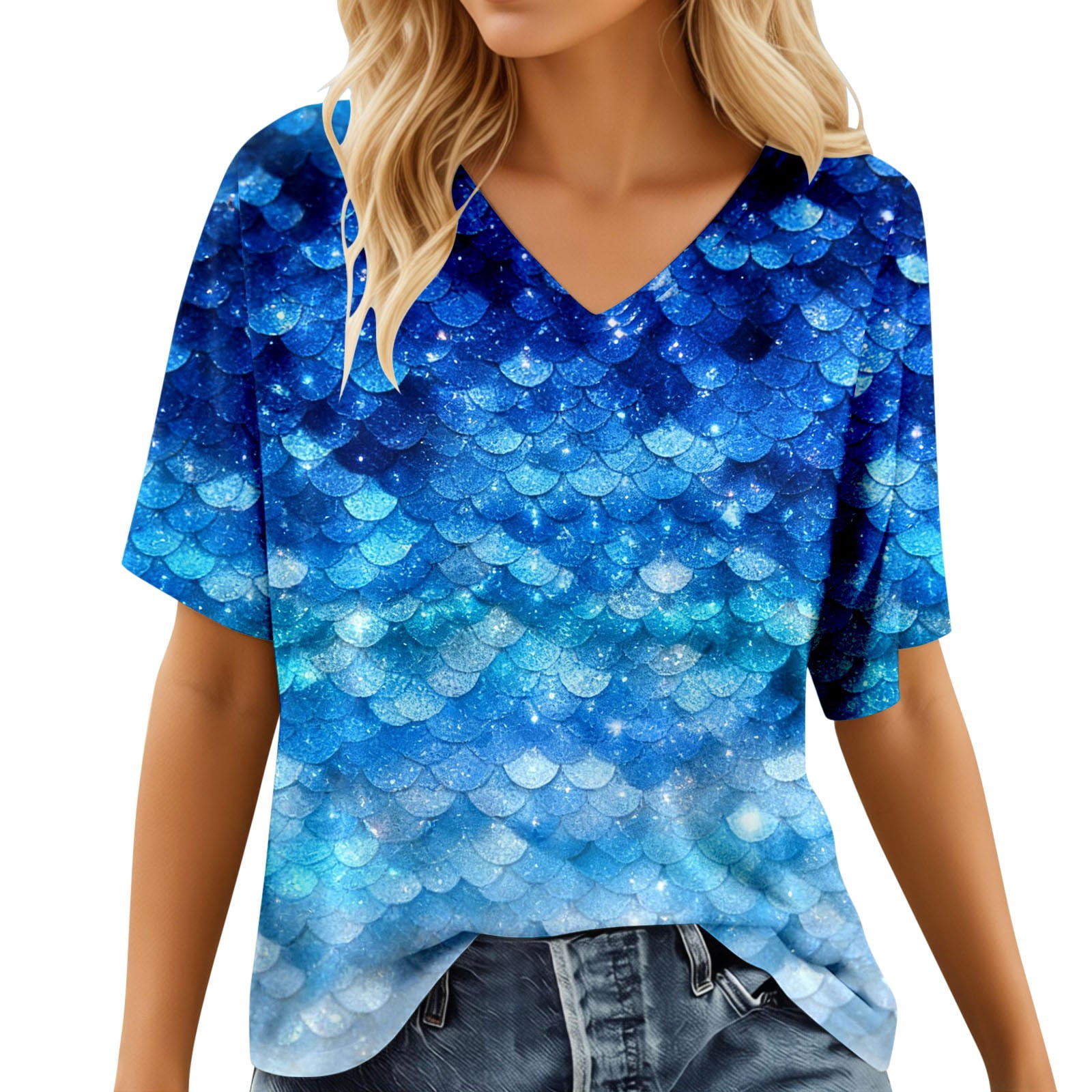 Bibifish Womens Tee Tops Gradient Ombre Fish Scale Pattern Soft ...