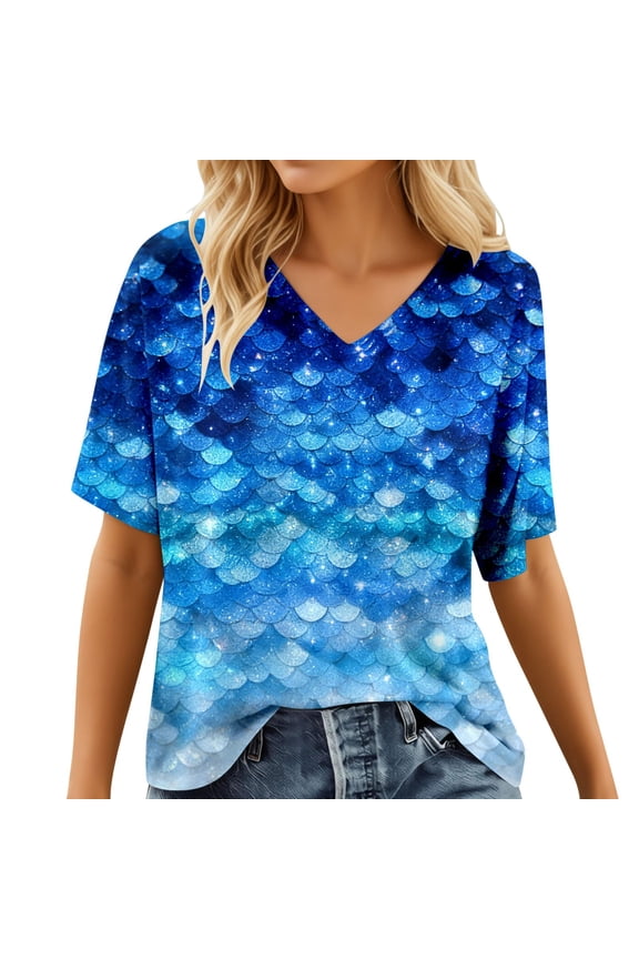 Womens Tee Tops Gradient Ombre Fish Scale Pattern Soft Delicate Short‑Sleeve Relaxed Fit V Neck Tee Tops Summer Daily Casual Outdoor Chic Wear