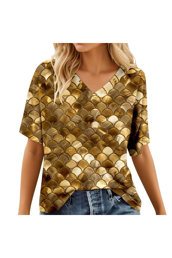 Womens Tee Tops Gradient Ombre Fish Scale Pattern Soft Sleek Slim Fit V Neck Short‑Sleeve Tee Tops Summer Daily Commute Outdoor Chic Wear