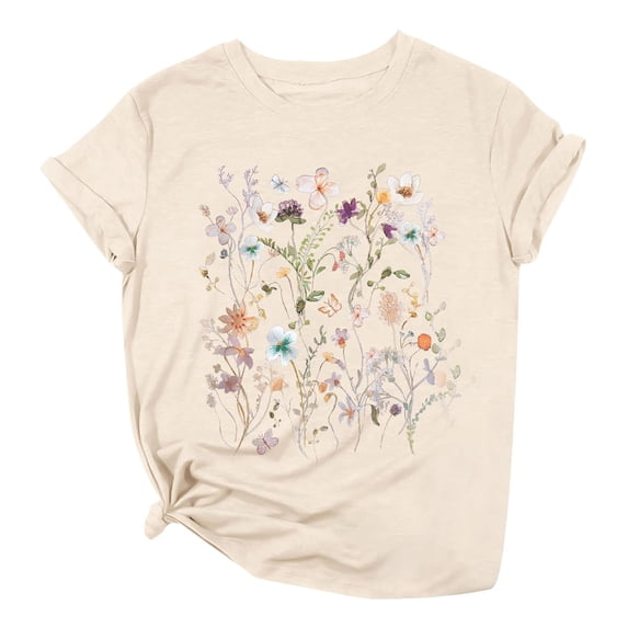 Bibifish Womens Tee Tops Loose Breathable Floral Printed Short Sleeve Crew Neck Tshirts Summer All Match Daily T-Shirts