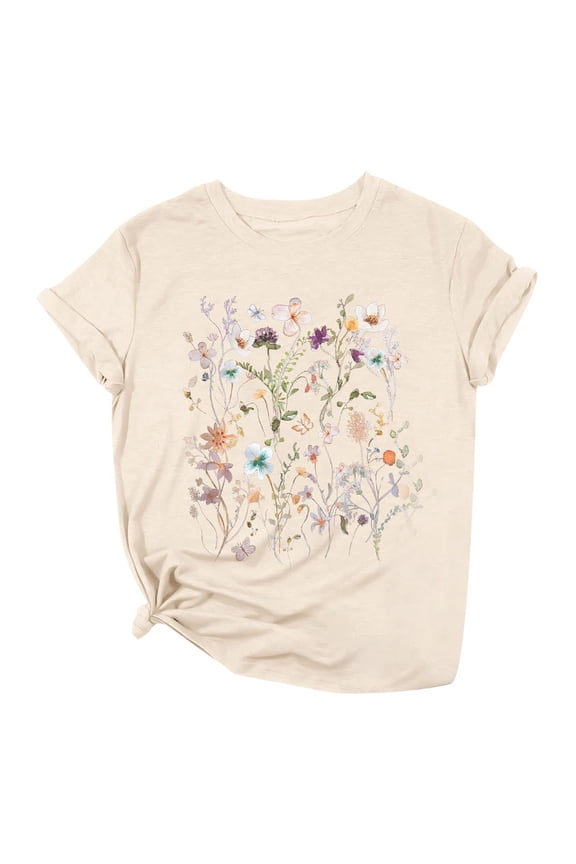 Womens Tee Tops Loose Breathable Floral Printed Short Sleeve Crew Neck Tshirts Summer All Match Daily T-Shirts