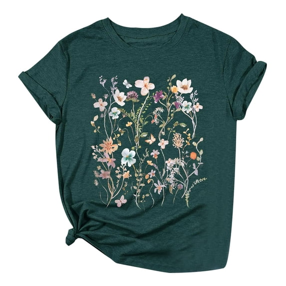 Bibifish Womens Tee Tops Loose Breathable Floral Printed Short Sleeve Crew Neck Tshirts Summer All Match Daily T-Shirts