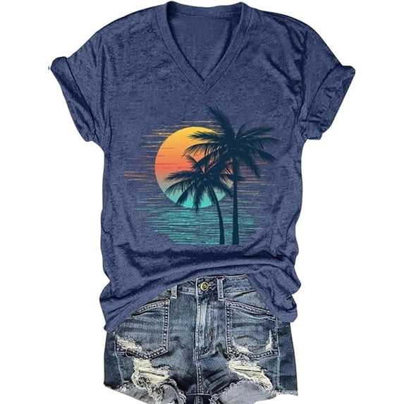 Bibifish Womens Tee Tops Oversized Summer Island Sunset Graphic Print Short Sleeve T Shirts Relaxed Casual Soft Crew Neck Short Sleeve Stylish Tees
