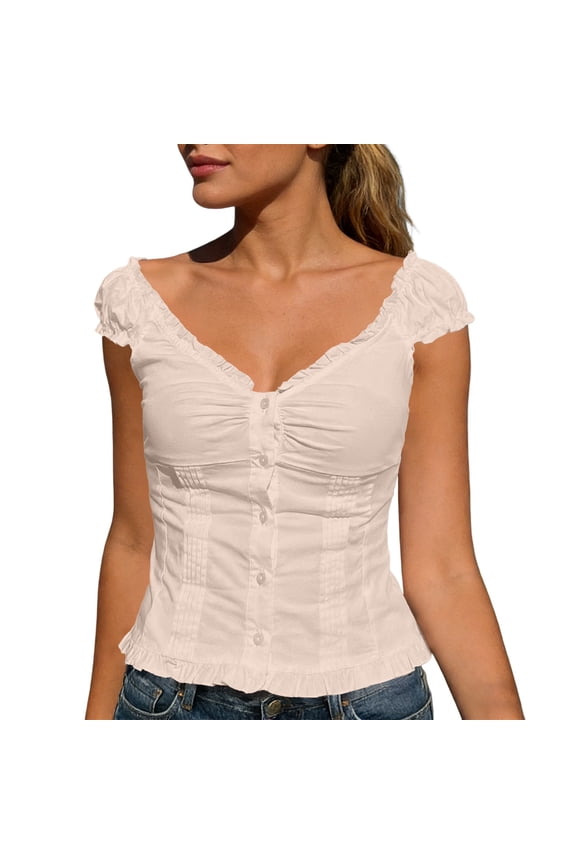 Womens Tee Tops Ruffle V Neck Slim Fit Cardigan Crop Tanks Button Down Party Stylish Pullover Elegant Chic Comfortable Tee Tops