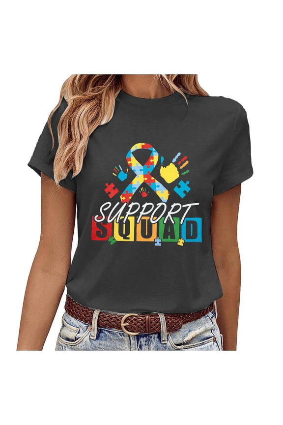 Womens Tees Autism Awareness Graphic Soft Cozy Regular Fit Crewneck Short-Sleeve Tees Summer Daily Party Stylish T-Shirts