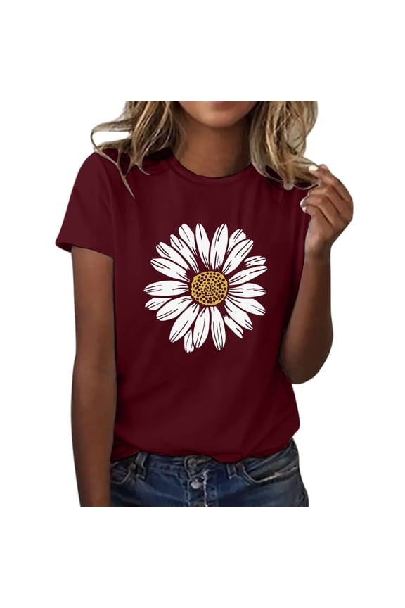 Womens Tees Bright Sunflower Graphic Printed Short Sleeve Crew Neck Tshirts Plus Size Girl Casual T-Shirts