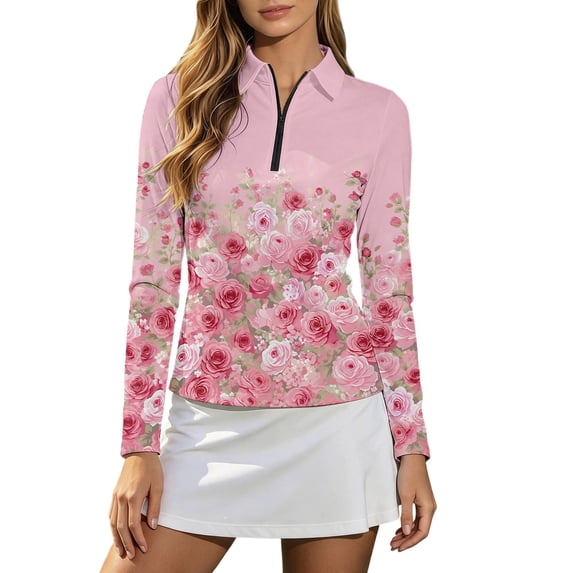 Bibifish Womens Tees Collared Half Zip Rose Floral Print Long Sleeve Sporty Tops Athletic Active Stretch Shirts