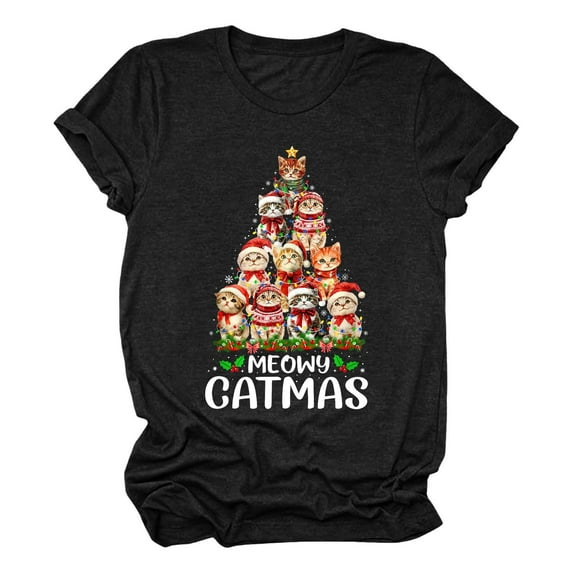 Bibifish Womens Tees Cute Cat Christmas Tree Print Fun Letter Soft ...