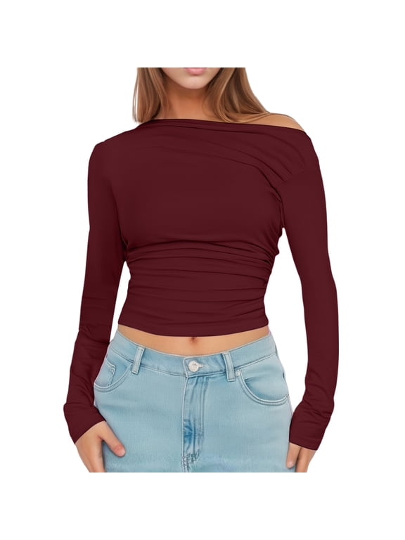 Womens Tees Off Shoulder Asymmetrical Neck Side Ruched Solid Slim Fit Cropped Long Sleeve Shirt Stretchy Tops
