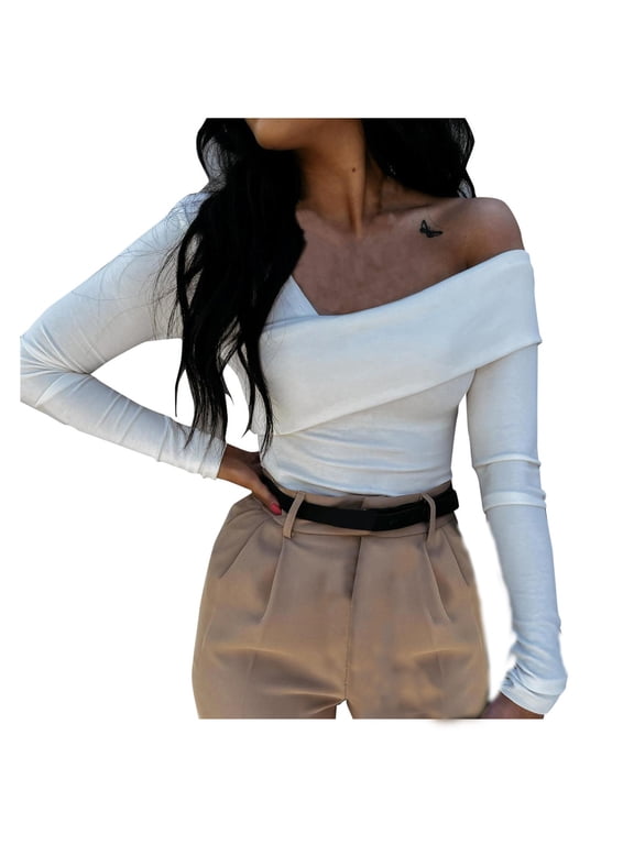 Womens Tees Off Shoulder Cross Wrap Folded Long Sleeve Ribbed Tops Body Hugging Going Out Fitted Shirts