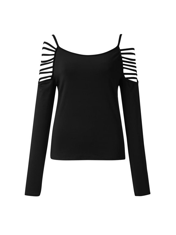 Womens Tees Off Shoulder Long Sleeve Shoulder Cutout Stripe Slim Fitted Tops Trendy Tight Going Out Shirts