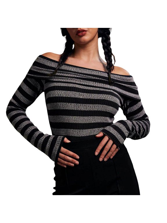 Womens Tees Off Shoulder Ribbed Knit Stripe Print Slim Fit Long Sleeve Shirt Stretchy Going Out Layering Tops