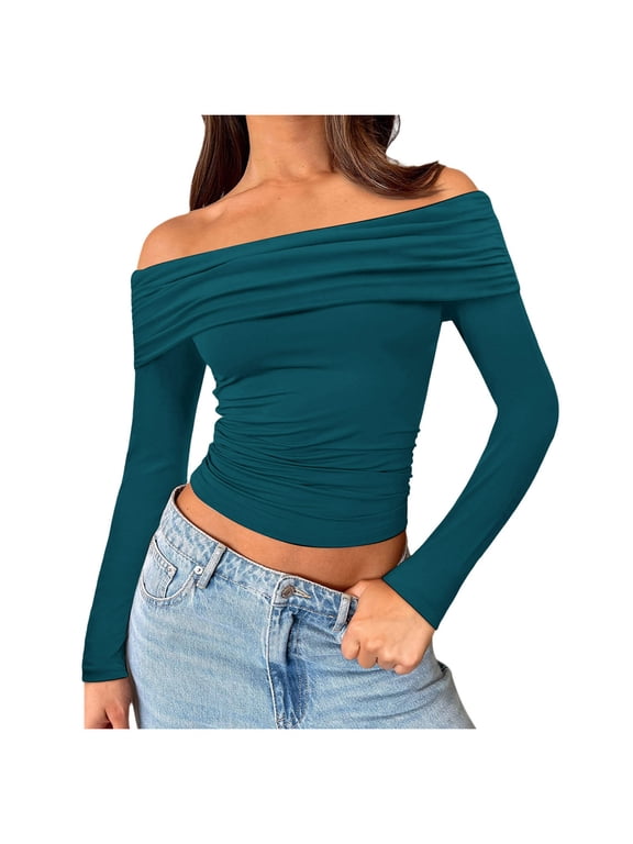 Womens Tees Off Shoulder Ruffle Neck Long Sleeve Side Ruched Cropped Slim Fitted Tops Trendy Tight Going Out Shirts