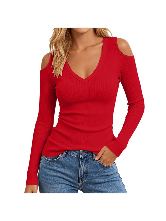 Womens Tees Off Shoulder V Neck Ribbed Knit Long Sleeve Slim Fitted Tops Basic Tight Going Out Layering Shirts