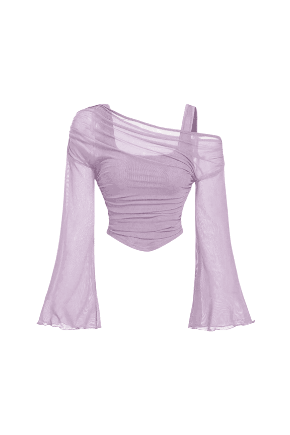Womens Tees Sheer Mesh Cold Shoulder Flare Sleeve Ruched Cropped Asymmetrical Neckline Long Sleeve Spring Party Streetwear Elegant Chic Tops
