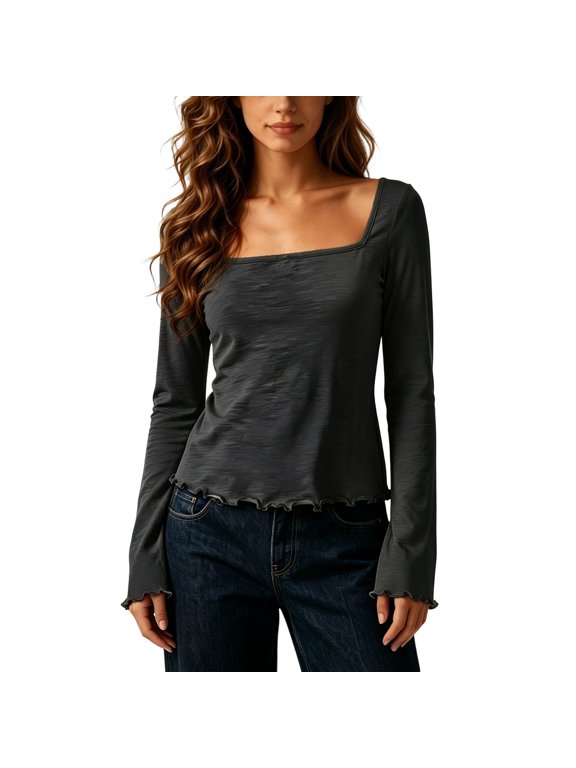 Womens Tees Square Neck Lettuce Hem Flare Long Sleeve Slub Slim Tops Trendy Casual Fitted Shirts
