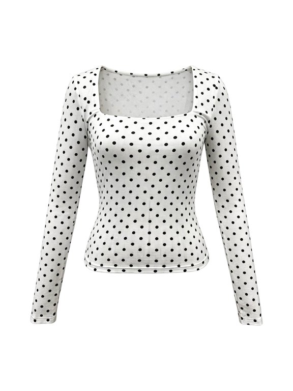 Womens Tees Square Neck Polka Dot Long Sleeve Slim Fitted Waist Shaping Stretch Tops Dressy Casual Going Out Shirts