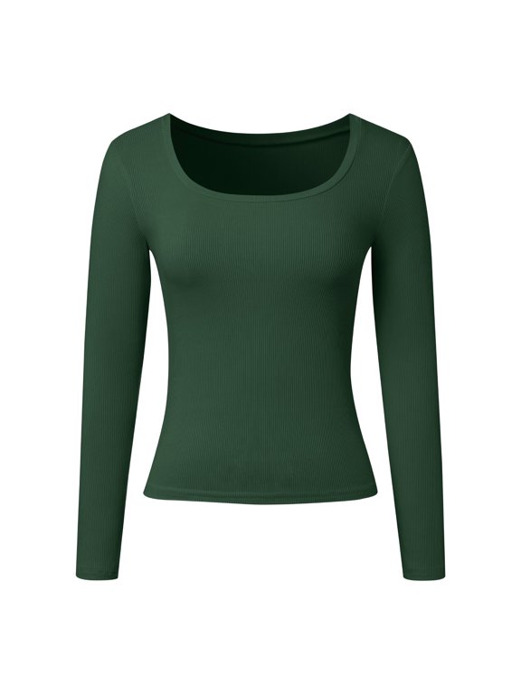Womens Tees Square Neck Ribbed Knit Long Sleeve Slim Fitted Tops Basic Everyday Tight Layering T-Shirts