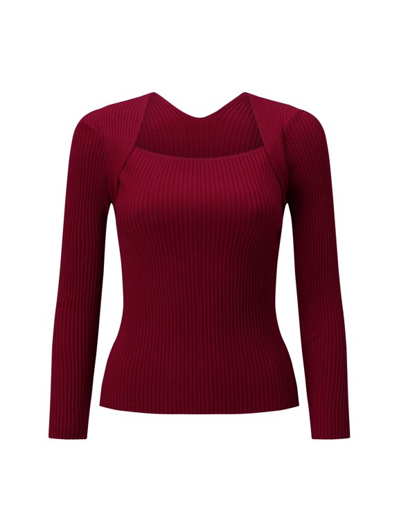 Womens Tees Square Neck Ribbed Knit Long Sleeve Tight Tops Basic Soft Stretch Shirts