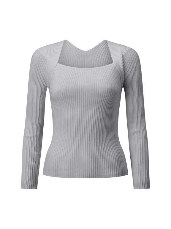 Womens Tees Square Neck Ribbed Knit Long Sleeve Tight Tops Basic Soft Stretch Shirts