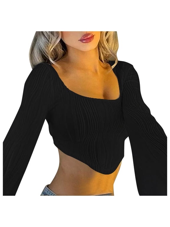 Womens Tees Square Neck Ribbed Long Sleeve Asymmetrical Hem Cropped Tops Stretchy Knit Trendy Fitted Shirts