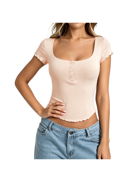 Womens Tees Square Neck Short Sleeve Scalloped Edge Henley Button Placket Curved Hem T-Shirts Dressy Summer Daily Tops