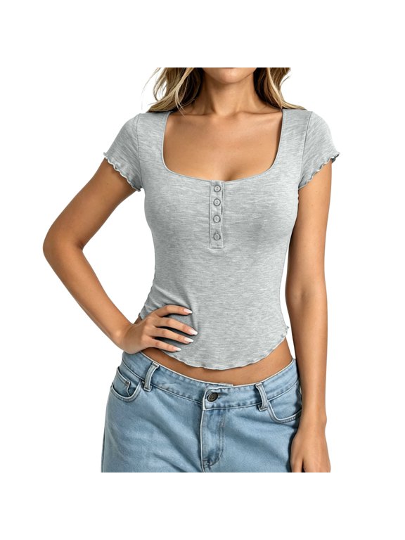 Womens Tees Square Neck Short Sleeve Scalloped Edge Henley Button Placket Curved Hem T-Shirts Dressy Summer Daily Tops
