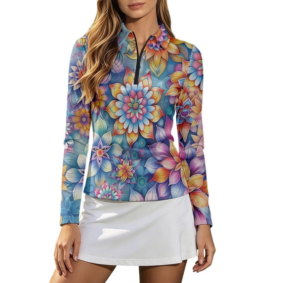 Bibifish Womens Tees Stand Collar Half Zip Mandala Print Long Sleeve Sporty Tops Athletic Breathable Stretch Shirts