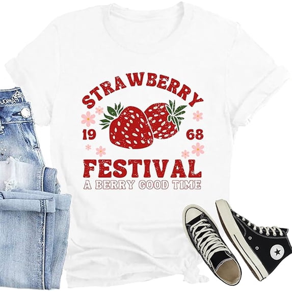 Bibifish Womens Tees Summer Simple Cute Strawberry Print Crew Neck Short Sleeve Daily Soft Breathable Loose Fit Casual Pullover Everyday Wear Tee Tops