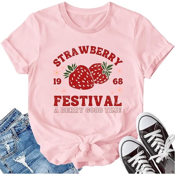 Bibifish Womens Tees Summer Simple Cute Strawberry Print Crew Neck Short Sleeve Daily Soft Breathable Loose Fit Casual Pullover Everyday Wear Tee Tops