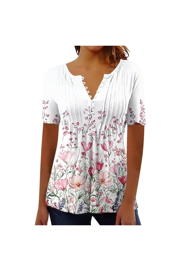 Womens Tees Trendy Boho Floral Print Soft Snug Button Front Short Sleeve Cardigan Tees Summer Daily Vacation Elegant Tops
