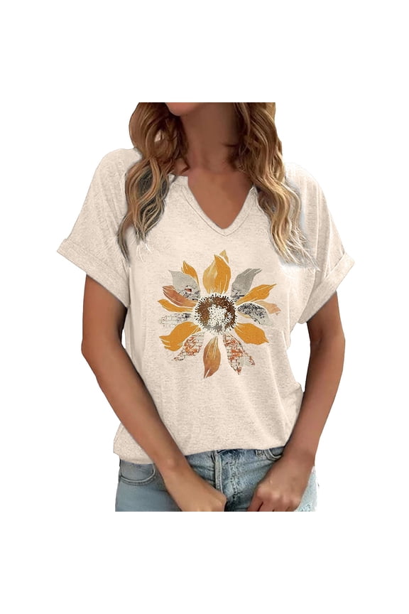 Womens Tees Trendy Casual Floral Print Soft Relaxed Fit Tshirts Lightweight Crewneck Short-Sleeve Daily Casual Streetwear Spring Summer Tee Tops
