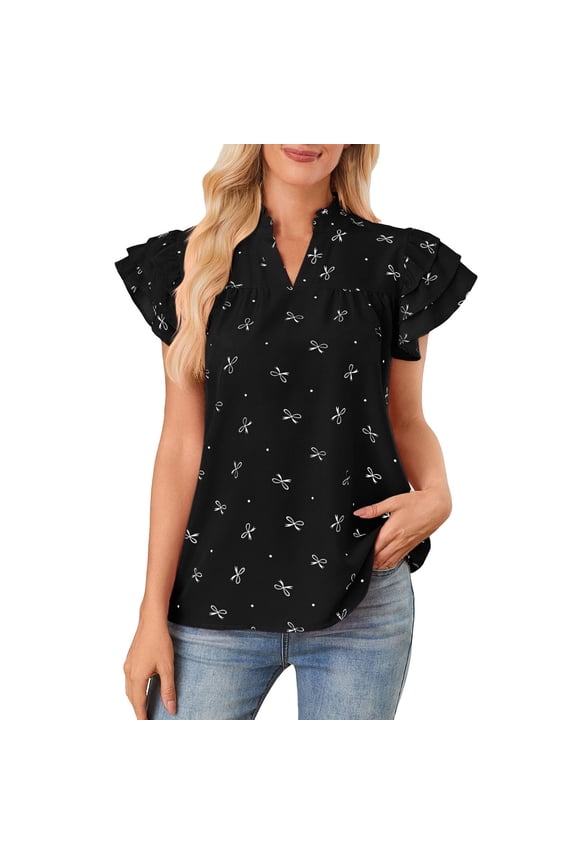 Womens Tees V Neck Ruffle Layered Soft Lightweight Chiffon Top Spring Sweet Fashionable Stylish Feminine Elegant Tops