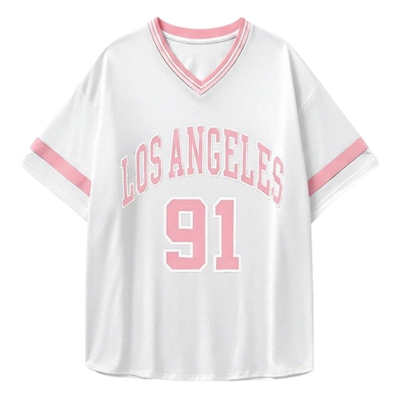 Bibifish Womens Tees V Neck Short Sleeve Contrast Los Angeles Number Graphic T-Shirts Trendy Street Game Day Casual Sports Tops