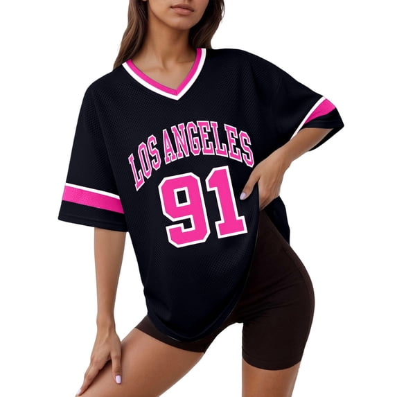 Bibifish Womens Tees V Neck Short Sleeve Mesh Los Angeles Print Contrast Oversized T-Shirts Trendy Y2K Game Day Street Tops