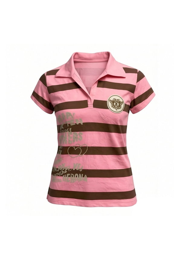 Womens Tees Vintage Color Block Stripe Short Sleeve Lapel Neck Tshirts Sweet Cool Streetwear Outfits