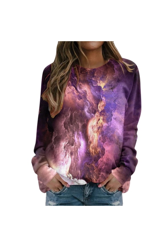 Womens Tie Dye Sweatshirt Colorful Printed Crewneck Long Sleeve Sweatshirts Casual Loose Fit Cozy Spring Fall Graphic Pullover Tops
