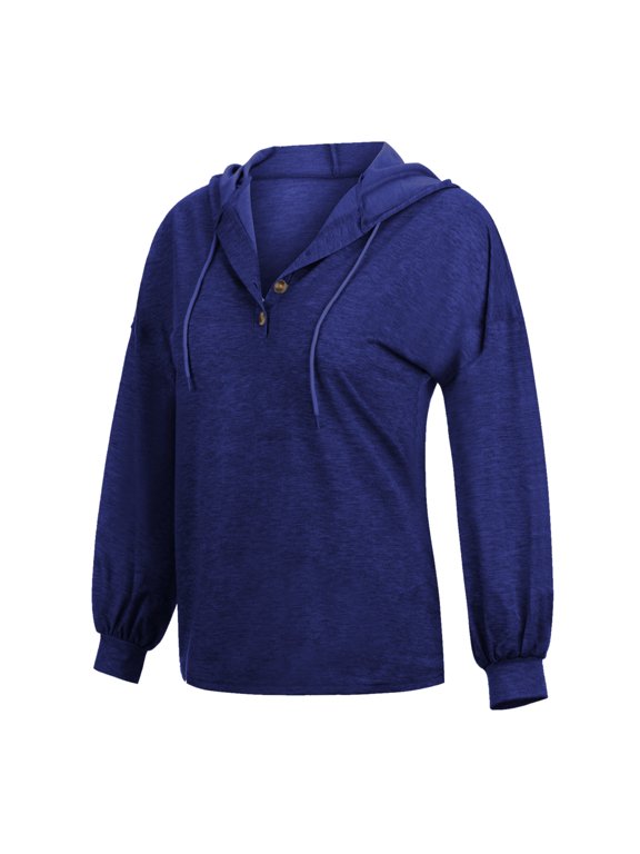 Womens Tops Henley Collar Hooded Drawstring Button Front Long Sleeve Loose Fit Blouses Casual Street Shirts