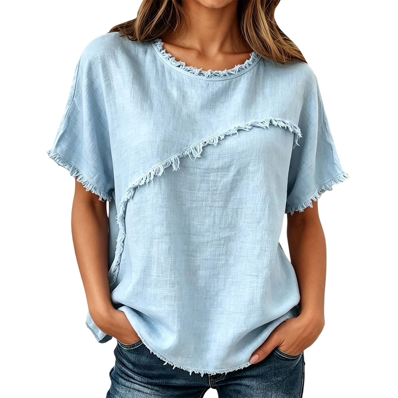 Bibifish Womens Tops Round Neck Short Sleeve Fringe Trim Linen Blend ...