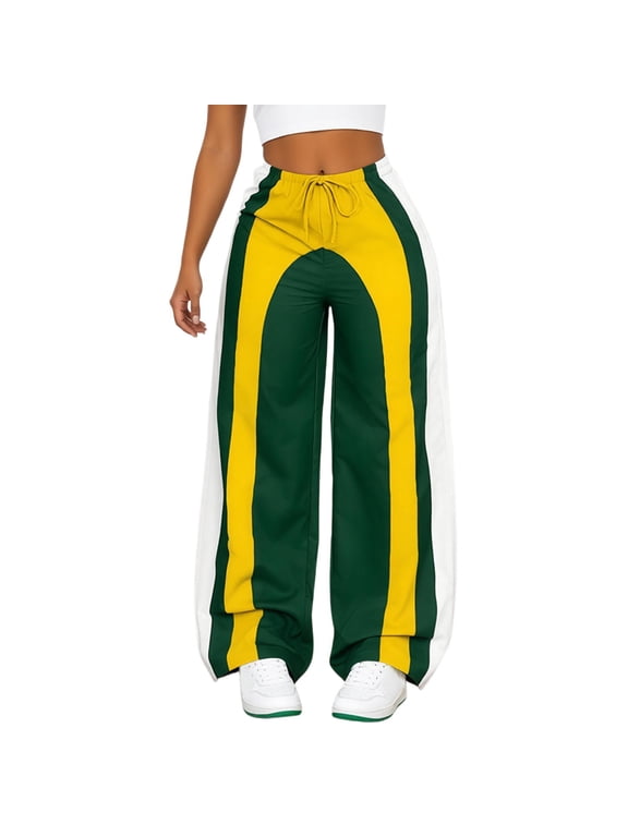 Womens Track Pants Drawstring Waist Color Block Casual Wide Leg Pants Split Hem Loose Fit Athletic Trousers With Pockets