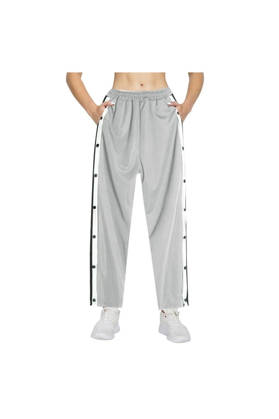 Womens Track Pants Side Button Down White Stripe Trim Elastic Waist Pants Side Pocket Lightweight Casual Outings Stylish Pants