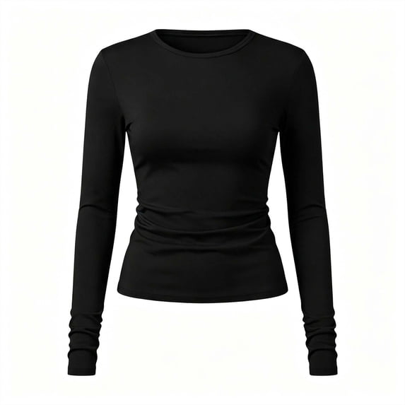 Bibifish Womens Tshirt Crew Neck Long Sleeve Side Ruched Fitted Tees Casual Layering Daily Office Spring Fall Everyday T-Shirts