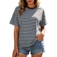 thumbnail image 1 of Bibifish Womens Tshirt Crew Neck Short Sleeve Contrast Striped Relaxed Fit Tees Outings Summer Outfits Street Style T-Shirts, 1 of 5