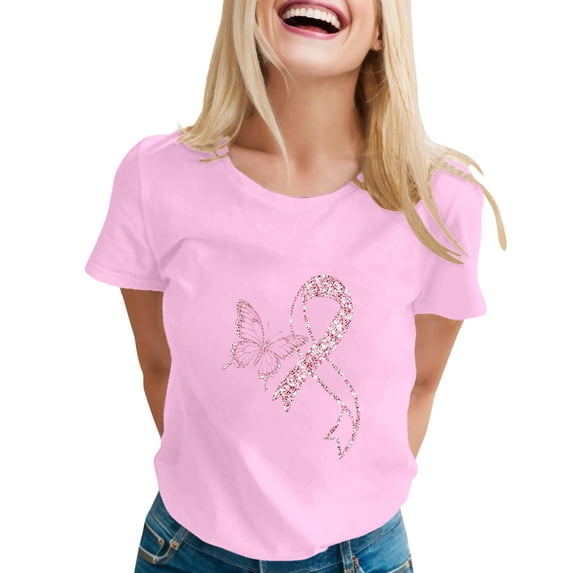 Bibifish Womens Tshirt Crew Neck Short Sleeve Glitter Butterfly Pink Ribbon Print T-Shirts Cancer Awareness Casual Daily Tees