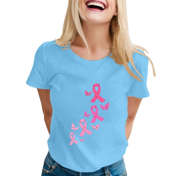 Bibifish Womens Tshirt Crew Neck Short Sleeve Pink Ribbon Butterfly Print Tees Cancer Awareness Casual Everyday T-Shirts