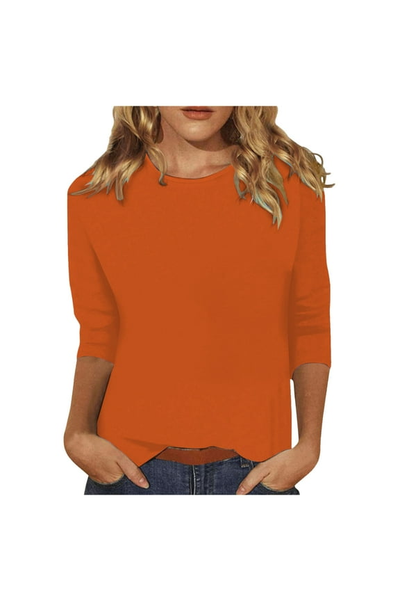 Womens Tshirts Casual Solid Color O-Neck 3/4 Sleeve Tees Loose Fit Basic Classic Stretchy Breathable Comfy Pullover Tops
