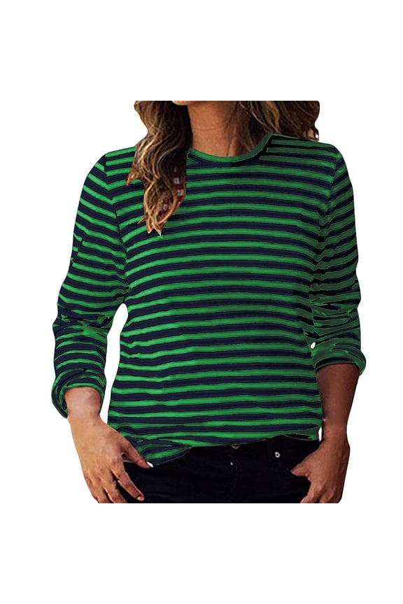 Womens Tshirts Casual Striped Knit Long Sleeve Tees Loose Fit Crewneck Pullover Tops Classical Soft Warm Cozy Stretchy Trendy Blouses